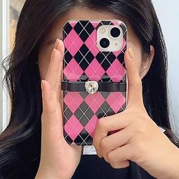 Cell Phone Cases Korea Cute 3D INS Pink Black Geometry Chequered Pattern+Diamond Bow Soft Phone Case For IPhone 14 Pro Max 13 12 11 Lovely Cover H240326