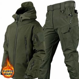 Taktisches Winter-Set für Herren, Militär, winddicht, wasserdicht, mit mehreren Taschen, Softshell-Kapuzenjacken, Haifischhaut-Arbeitshose, 39E8 #