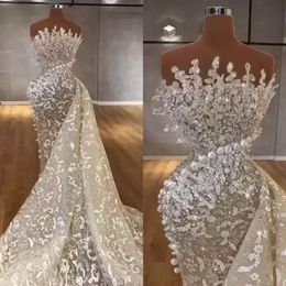 Mermaid Wedding Bridal Dresses Gown Lace Applique Beaded Pearls Sweep Train Organza Designer Illusion Custom Made Plus Size Vestido De Novia