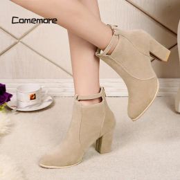 Boots Comemore Suede Leather Black Booties 2023 High Heel Ladies Shoes Warm Zipper Ankle Boot Ankle Boots Women Winter Fashion