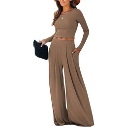 WUSENST Wide Leg Pant Suits for Women Elegant 2 Piece Solid Outfits Sleeve Crop Top High Waist Long Pants with Pockets