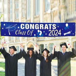 Party Decoration Blue Congratulations Banner Durable Class Of 2024 Graduation Set Congrats Grad Backdrop Yard For