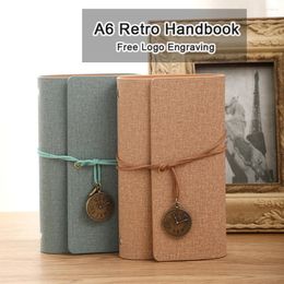 (Free Logo Engraving) A6 Cloth Loose-leaf Notebook Blank Inner Page Notepad Meeting Record Book Strap Design Pocket Diary