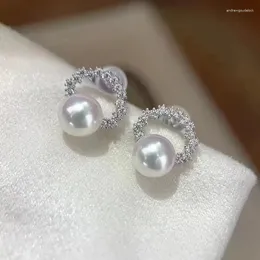 Stud Earrings UILZ Shiny White Pearl For Women Petite Wreath Design Zircon Ear Accessories Wedding Party Jewellery