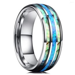 Wedding Rings Fashion 8mm Silver Colour Men Stainless Steel Abalone Shell Inlay Blue Opal For Women Band Jewellery Gifts