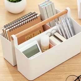 Bins Portable Storage Box with Wooden Handle and Divided Compartments Waterproof Storage Basket Organiser for College Desk Bathroom