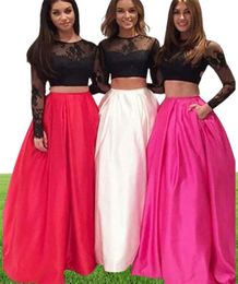 New Red Evening Gown ALine Two Piece Prom Dress with Pockets Round Neck Open Back Black Lace Long Sleeves Prom Dresses Long7821232