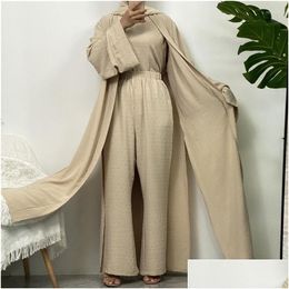 Ethnic Clothing 3 Piece Sets For Muslim Women Long Cardigan Top And Pants With Pockets Islamic Robe Modest Eid Ramadan Abaya Suits Dro Otd62