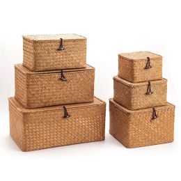 Baskets Vintage Handwoven Storage Box with Cover Seaweed Woven Large Capacity Sundries Clothing Cosmetics Finishing Basket