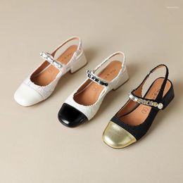 Dress Shoes 2024 Women Sandals Natural Leather 22-25cm Fabric Cowhide Pigskin Metal Chain Mary Jane Fashion Summer