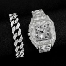 high quality luxury mens watch women Mens fashion hip-hop square Roman diamond inlaid steel band quartz watch+oval bracelet XHRB