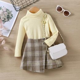 Clothing Sets Kid Girl Autumn Clothes Set Baby Solid Ribbed Long Sleeve Turtleneck Tops Plaid Print A-Line Skirt Children Outfits 1-5 Years