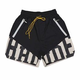 Men's Shorts RHUDE Classic Simple Casual Contrast Letter Print Drawstring Gym Shorts Men Couple Loose Nylon Mesh pocket Zipper shorts J240325