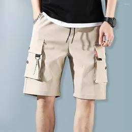 Men's Shorts Men Large Pockets Summer Elastic Waistband Drawstring Cargo With Multiple Solid Colour Straight Wide