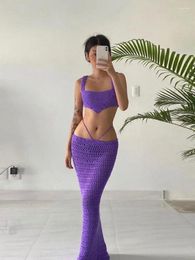 Work Dresses ZBZA Beach Hollowed Out Two-piece Set With Lace Up Crochet Slim Fit Elegant Half Skirt Backless Sexy Mid Length Summer