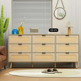 UEV Rattan Dresser,storage Dresser for Bedroom 9 Drawers,modern Wood Drawer Dresser, Chests of Drawers with Metal Handles