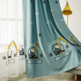 Curtains Construction Truck Curtain for Kids Boy Excavator Embroidered Cartoon Blue Engineer Machinery Car Nursery Bay Window Drapes