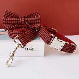 Collars Free Engrave Bow Dog Collar Labrador Bull Bowknot Pet Collar Leash Straps Adjustable Accessories French Grid 04