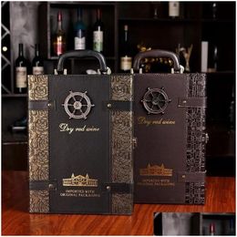 Bar Tools Home Storage Organizer Wooden Wine Box Pu Leather Red Portable Double Packing Gift Luxury Holder 231205 Drop Delivery Garden Otrjd