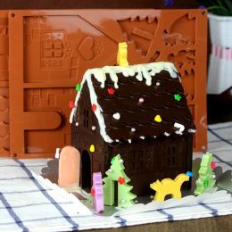 2pcs Set DIY Three-dimensional Christmas House Silicone Chocolate Mold Gingerbread House Baking Cake Cookie Mold