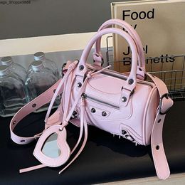 Factory Direct Store Handbag Free Shipping High End Rivet Spicy Girl Style for Womens New Texture Boston Niche One Shoulder Crossbody Motorcycle Bag