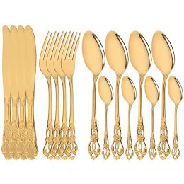 Sets 16Pcs Gold Royal Spoon Fork Knife Dinnerware Set Mirror Cutlery Set Stainless Steel Kitchen Western Dinner Silverware Tableware
