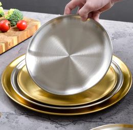 Embossing High Quality Korean 304 Stainless Steel Round Steak Plate Tray Single Layer Hairline Finish Mirror Steak Tray Bbq Tableware Dish