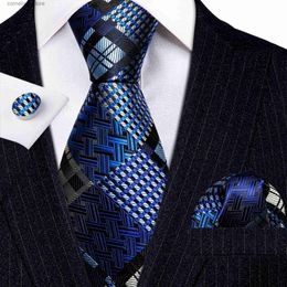 Neck Ties Neck Ties New 40Pcs Silk Blue Plaid Men Tie Wedding Gift Barry.Wang Designer NeckTie Handkerchief Cufflinks Set Business Groom LN-5801 Y240325