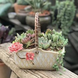 Planters Rattan Hand Flower Basket Vase Succulent Plant Pots Flowerpot Stoneware Basket Garden Yard Decorative Accessories Vases Pots