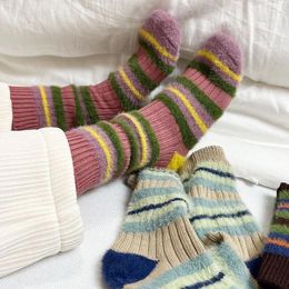 Women Socks Thick Lines Matching Color Imitation Mink Hairy Sweet Autumn And Winter Warm Women's Mid-tube