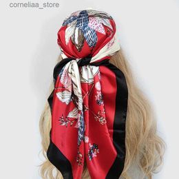 Bandanas Durag Plaid Silk Square Scarf Women Satin Shawl Wrap Hijab Female Hair Band Wrist Luxury Headkerchief 90*90cm Echarpe 2022 Bandana Y240325