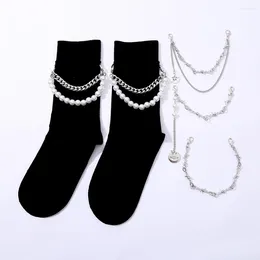 Anklets Fashion Double Pearl Anklet Accessories Metallic Geometric Everything Matching Personality Sock Chain Pendant