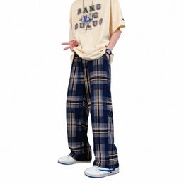 summer plaid nine-point pants men's wide-legged large size loose casual leggings American high street straight leg mop pants r4rM#