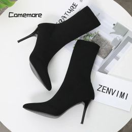 Boots Comemore Fashion Shoes 2023 Knitting Stretch Boots Spring Autumn Ankle Boot Female Stiletto Sexy Sock Boots High Heels for Women