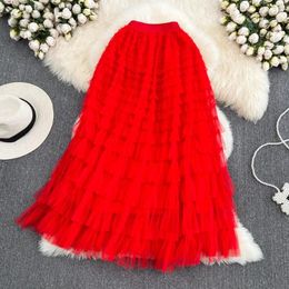 Skirts Voille Y2k High Waist Elastic Jupe Tulle Cake Mujer Faldas Ruffles Long Mesh Skirt Casual Women Clothes Drop