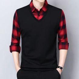 Smart Casual Formal Men Polo Shirts Fake Two Plaid Street Vintage Male Clothes Spring Autumn Fashion Long Sleeve Business Tops 240318