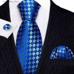 Neck Ties Neck Ties Luxury Blue Silver Plaid Tie for Mens Necktie Handkerchief Cufflinks Set Wedding Business Party Gravata BarryWang 6342 Y240325