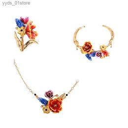 Earrings Necklace Euro-American Enamel Sunflower Bouquet Tulip Hyacinth Anemone Necklace Earrings Brooch Ring Set Gift Party Jewellery L240323