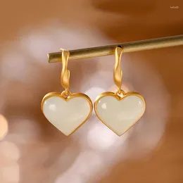Dangle Earrings Natural Hetian Jade White Love Heart Stud S925 Sterling Silver Personality Light Extravagant Heart-Shaped