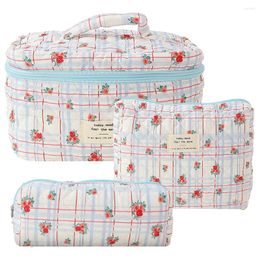 Storage Bags 3Pcs Quilted Makeup Bag Printed Women Cosmetic Pouch Large Capacity Zipper Closure Girls Cotton Set