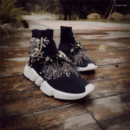 Walking Shoes Crystal Socks Sneaker Black Women Rhinestone Casual Sneakers Lady Tassels Knitted High Top Ankle Boots