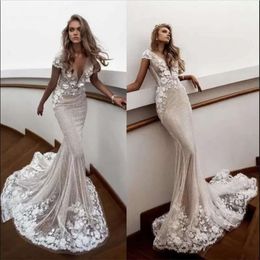 Mermaid Deep Designer Dresses V Neck Sweep Train D Floral Applique Beading Cap Sleeve Beach Bridal Dress Boho Wedding Gowns ress