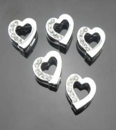 100pcslot 8mm half rhinestones silver heart slide charms fit for 8mm diy leather wristband bracelet DIY Jewellery findings6823253
