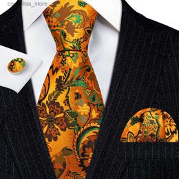 Neck Ties Neck Ties Luxury Ties for Men Gold Green Floral Silk Neck Tie Handkerchief Cufflinks Set Wedding Free Shipping BarryWang Tie Clip 5951 Y240325