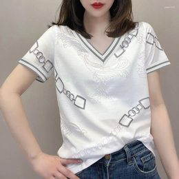 Women's T Shirts T-shirt For Cotton Color Matching Minimalist Printed Round Neck Casual Short Sleeve Diamonds Patchwork Fashion Tops