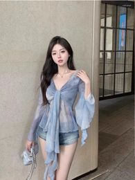 Women's Blouses Sweet Girl Mesh Gradient Tie Dyed Shirt Summer V-neck Slim Fit Ruffle Edge Long-sleeved Top Fashion Female Clothes