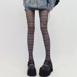 Women Socks Tights Punk Style Colorful Striped Pantyhose Sexy Lingerie Hosiery Y2k Girls Thigh High Stockings