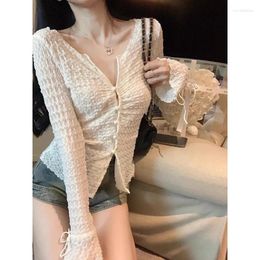 Women's T Shirts Korean Retro Pleated Sexy Slim Lace Up Long-sleeved Shirt Women 2024 Spring V-neck Solid Colour All Match Crop Tops