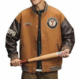american Vintage Heavy Industry Bomber Jacket Men Women Autumn Patchwork Letter Embroidery Coat Unisex Baseball Outwear 2023 c8du#
