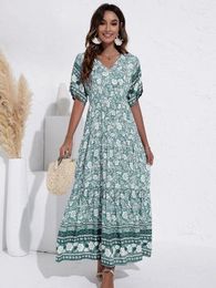 Party Dresses Summer Bohemian Maxi Dress For Women 2024 Fashion V-Neck Print Green Cotton Robe Casual Guest High Waist Long